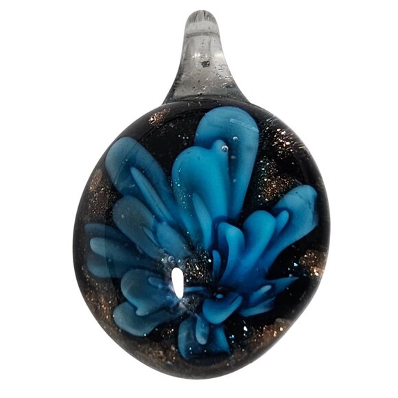 Handcrafted Elegant Glass Pendant Blue Flower Black Backdrop Jewelry Accessory - Picture 1 of 5